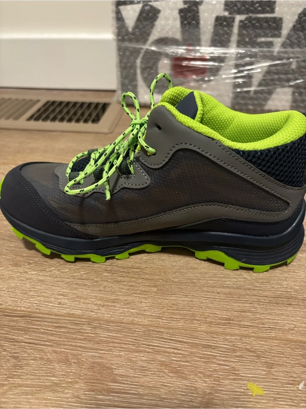 New kids Merrell Gray and Neon Green Athletic Trail Shoes